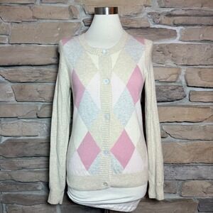 Vintage Talbots Argyle Lambswool Cardigan Sweater Cream Pink Gray Women's Medium